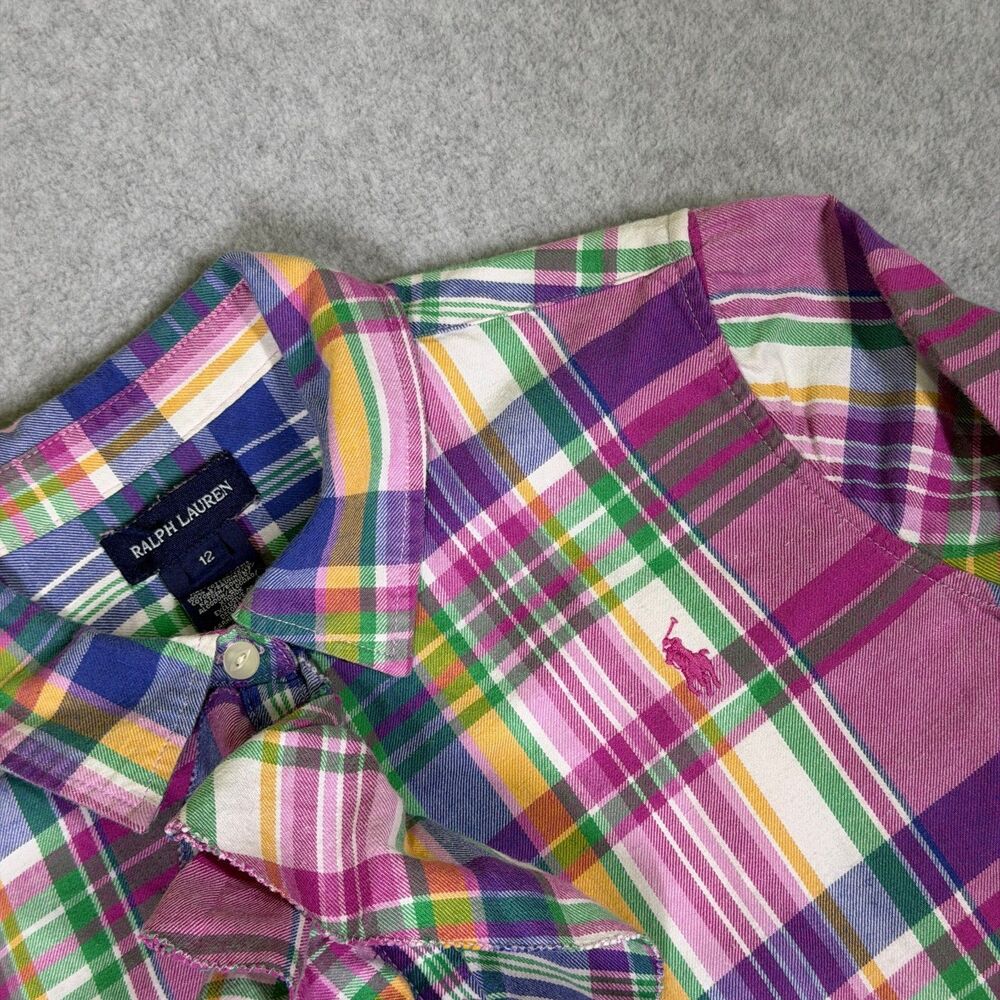 Ralph Lauren Girls Size 12 Plaid Ruffle Button Front Shirt Pink Cotton Top